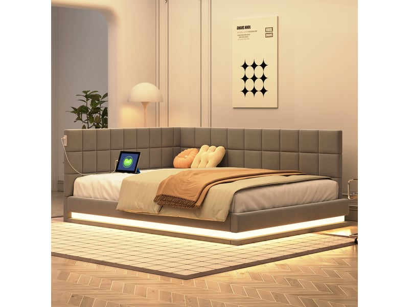  Lit banquette enfant 140 x 200 cm avec led, usb et sommier à lattes, lin, gris Fay Lum - Conforama E