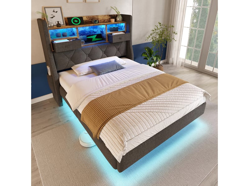  Lit simple 90x200 cm en lin gris avec tête de lit rembourrée, rangement, led, 3 ports usb et type-c, sans matelas  - Conforama C
