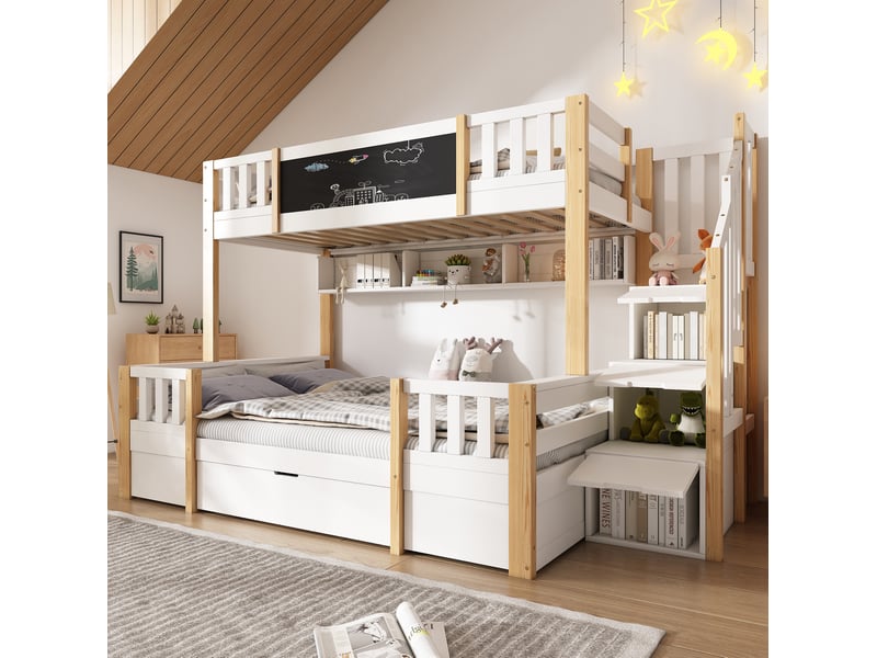  Modenvie lit superposé 3 couchages 90x200 et 140x200 cm - avec rangements, tableau noir, sans matelas - bicolore  - Conforama E