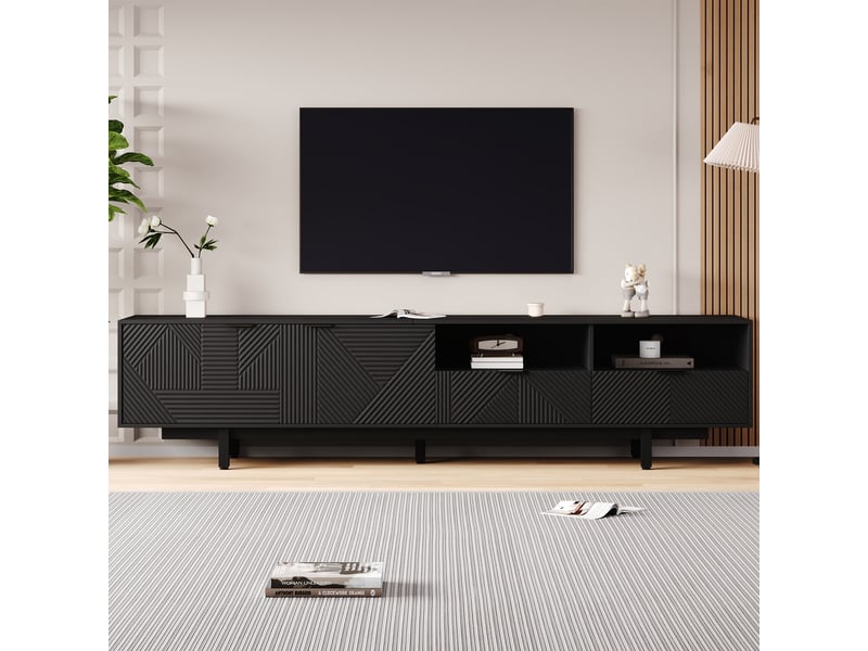  Meuble tv 200 cm noir pour tv jusqu'à 90 pouces - rangement portes et passe-câbles - design bohème moderne  - Conforama R