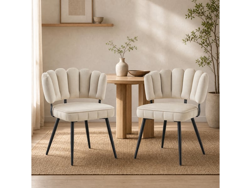 Lot de 2 chaises de salle à manger beige et noir en velours structuré, pieds en métal noir, h. 80 cm  - Conforama B