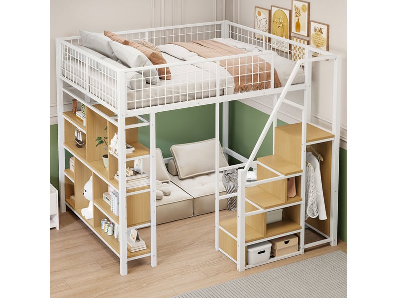  Lit mezzanine 140x200 cm avec escalier et rangements coloris blanc  - Conforama D