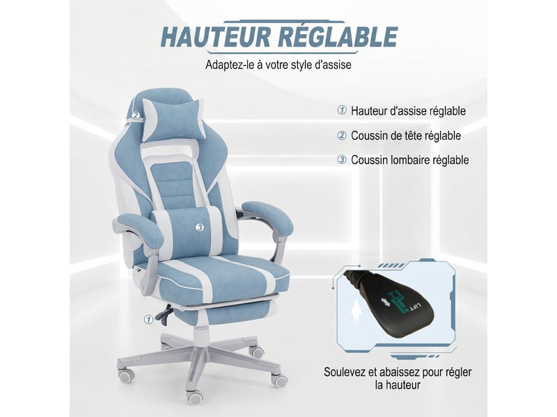  Chaise gaming, fauteuil gaming ergonomique avec repose-pieds, hauteur réglable, dossier inclinable, 63x63x123cm, bleu  - Conforama E