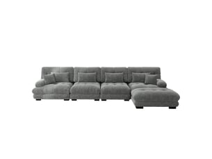 Canapé d'angle 4 places en chenille gris avec led intégrée et ottoman mobile pour salon