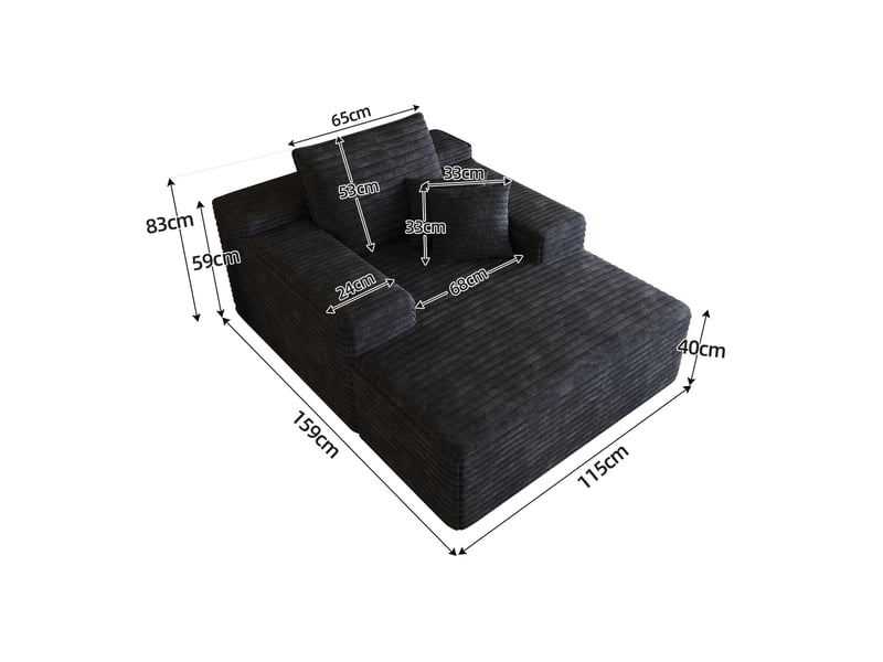  Méridienne 1 place à assise profonde sans montage en velours côtelé noir, 115 × 159 × 83 cm  - Conforama C