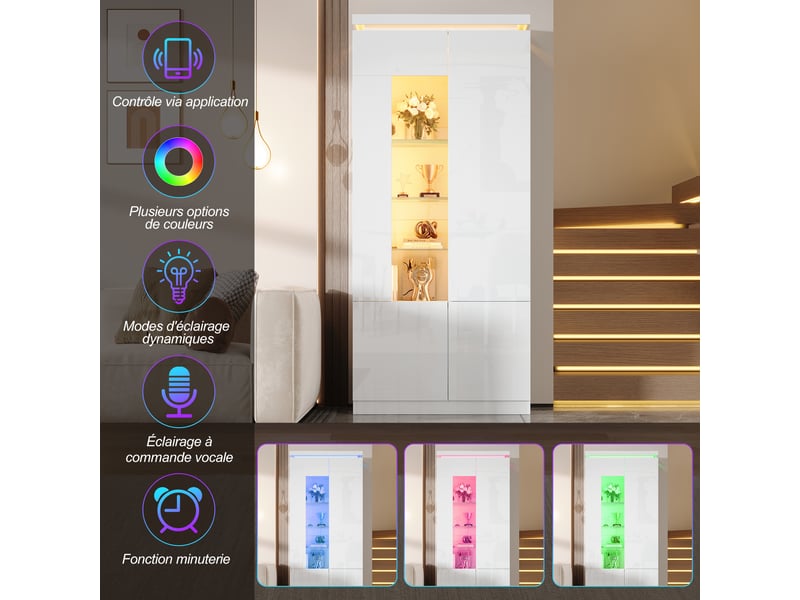  Vitrine 80x35x180 cm blanche brillante avec portes acryliques et éclairage led  - Conforama D