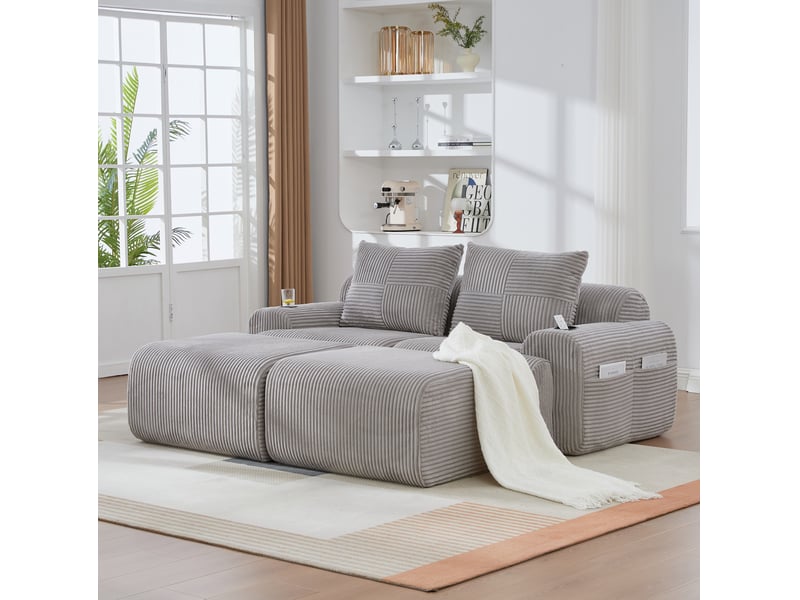  Canapé modulaire 2 places 200x174x80 cm, velours côtelé gris clair, 2 poufs, porte-gobelet incorporé, poche latérale  - Conforama E