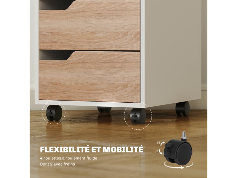  Caisson bureau mobile, meuble rangement bureau sur roulettes, 3 tiroirs, blanc et chêne, 40x50x57,5cm  - Conforama R