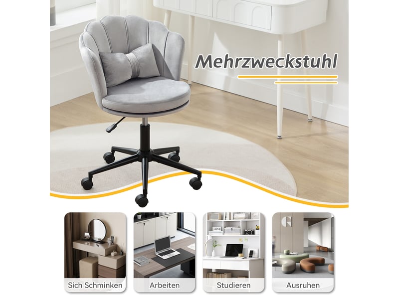 Chaise de bureau pivotante et réglable avec dossier pétale et coussin lombaire en velours gris - Conforama D