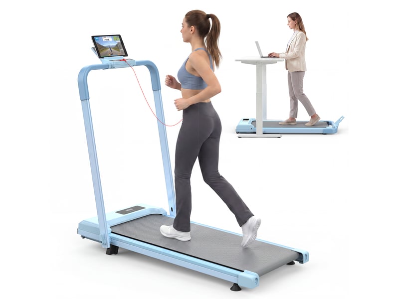  Tapis de course pliable 3 en 1 bleu avec inclinaison réglable à 10 %, vitesse de 1 à 12 kmh  - Conforama A