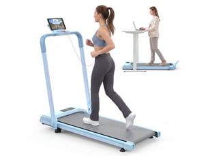 Tapis de course pliable 3 en 1 bleu avec inclinaison réglable à 10 %, vitesse de 1 à 12 kmh