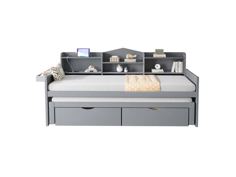  Canapé-lit 90x200 cm avec lit gigogne 90x190 cm, lit simple avec 2 tiroirs et panier de rangement, gris, lit enfant avec prise usb  - Conforama R