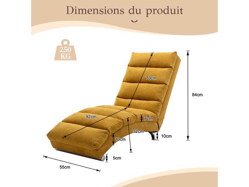  Chaise longue relax fixe vibrante en tissu effet lin avec poche latérale, jaune moutarde, 55 x 148 x 84 cm Fay Lum - Conforama C