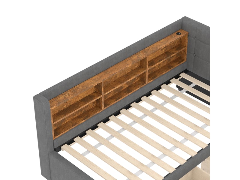  Lit banquette gris 90x200 cm en lin avec 2 tiroirs, ports usbtype-c et étagères  - Conforama R