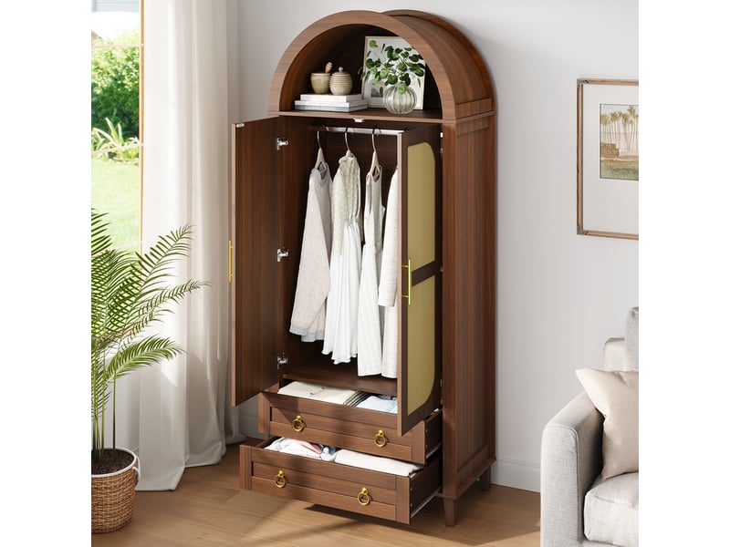 Armoire cintrée led pilotée par appli, porte rotin, penderie, 2 tiroirs, pb – 76×50×184 cm, noyer  - Conforama D