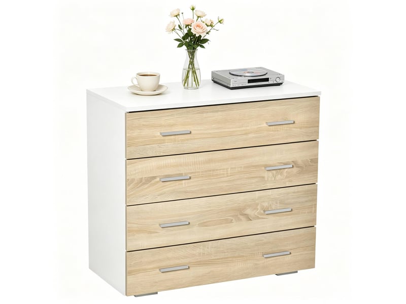  Commode de rangement 4 tiroirs 76 x 35 x 72 cm, blanc et bois clair, métal  - Conforama A
