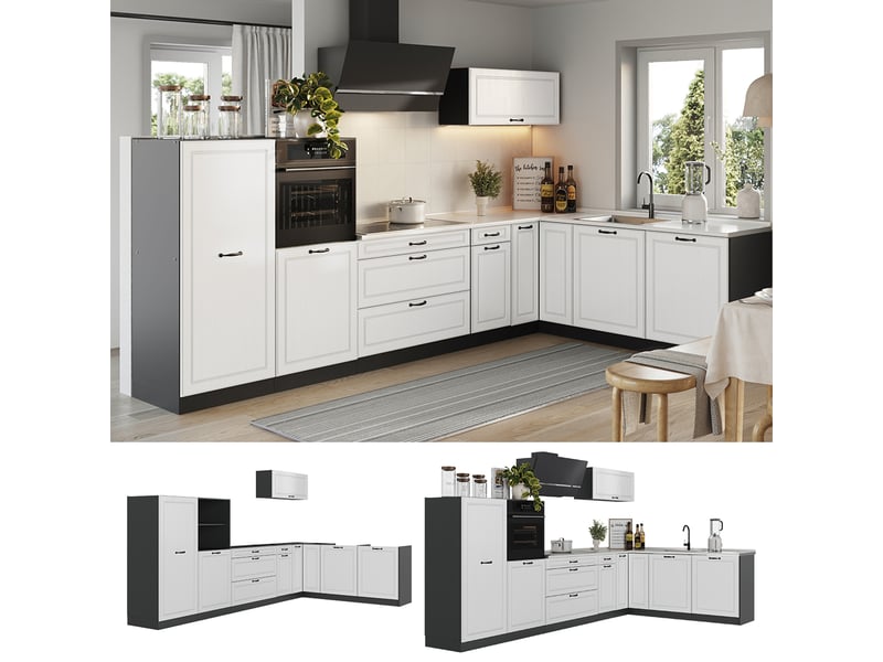  Vicco cuisine en angle, blanc campagneanthracite, 347 x cm plan de travail chêne doré  - Conforama D