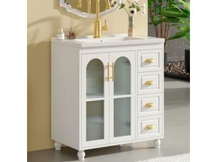 Meuble de salle de bain 80cm - meuble sous vasque avec lave-mains céramique - 2 portes verre flûté, 3 tiroirs - blanc