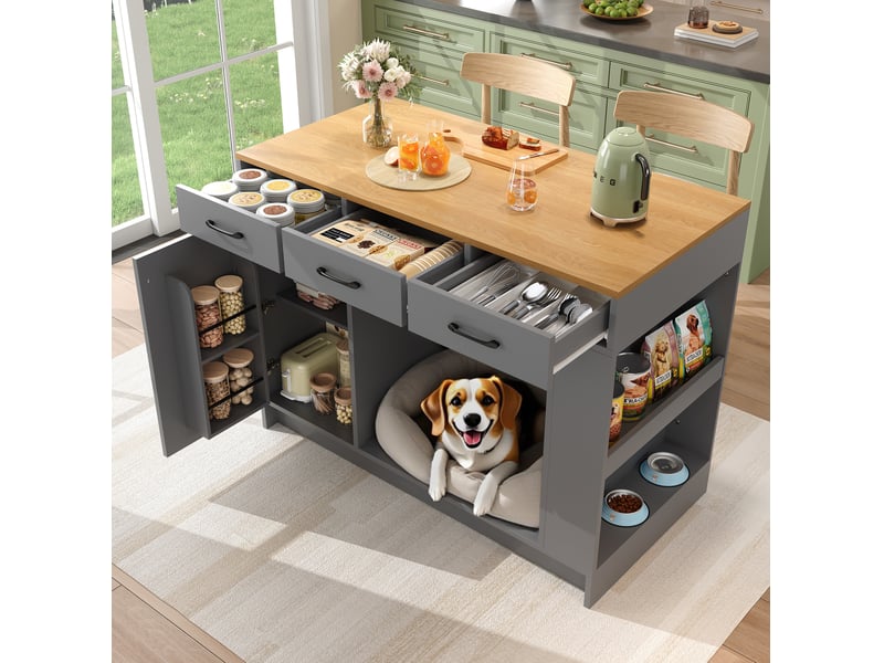  Îlot de cuisine 120x60x90 cm gris naturel avec 3 tiroirs et espace pour animal  - Conforama B