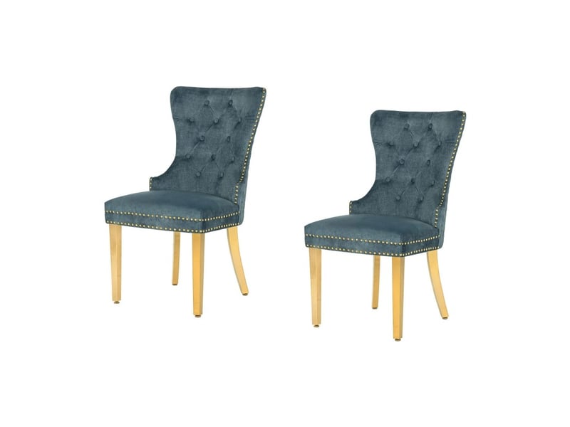 Lot de 2 chaises chesterfield regina bleu pétrole en velours capitonné – tête de lion dorée, clous décoratifs et pieds acier - Conforama A