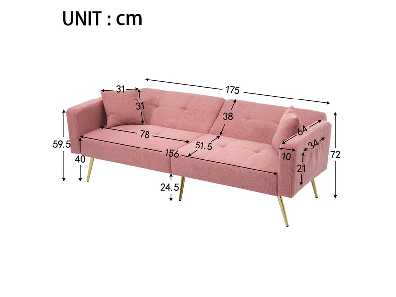  Canapé convertible ulevr 2 places, dossier réglable 105° à 180°, 175 cm, tissu sherpa rose, poches latérales  - Conforama C