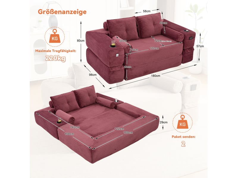  Canapé droit convertible 2 places en velours côtelé rouge bordeaux, poches et porte-gobelet intégrés  - Conforama C