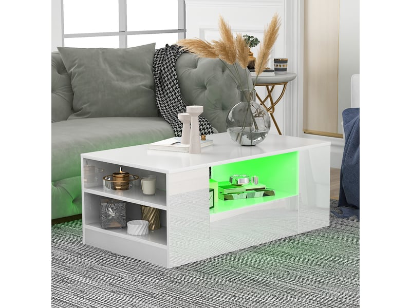  Table basse, mdf, blanc, 95 x 53 x 37 cm, avec éclairage led, avec rangement  - Conforama E