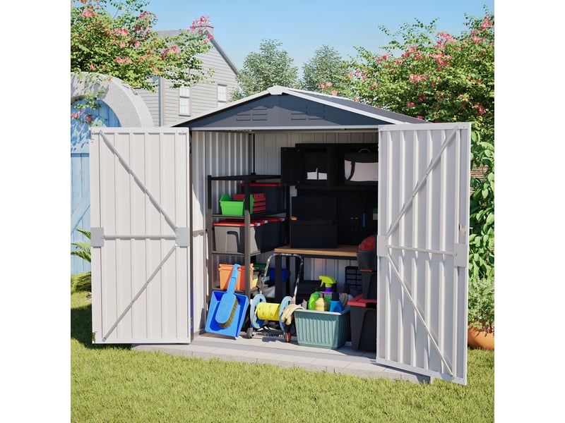  Abri de jardin en métal 185,4 x 142,3 x 185 cm, rangement extérieur avec double porte verrouillable, 4 aérations, fondation incluse, gris Luxe haut de gamme - Conforama E