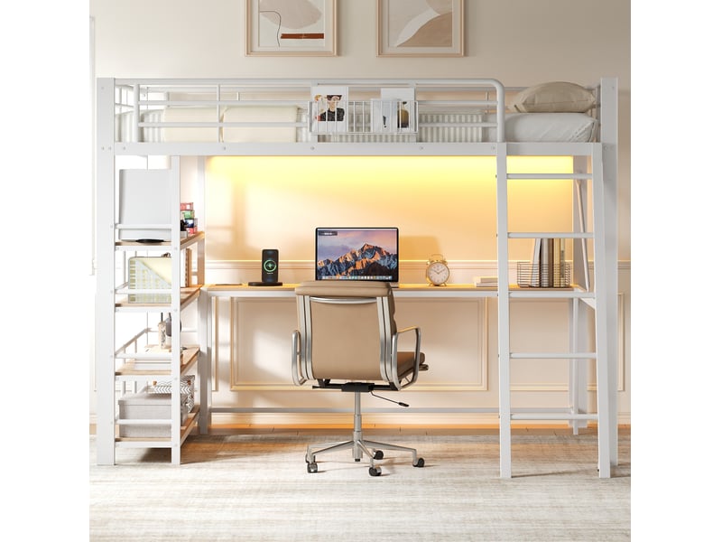  Lit mezzanine modenvie 140 x 200 cm avec bureau intégré, étagère 4 niveaux, panier de rangement, port usb, led, métal et mdf, blanc  - Conforama D