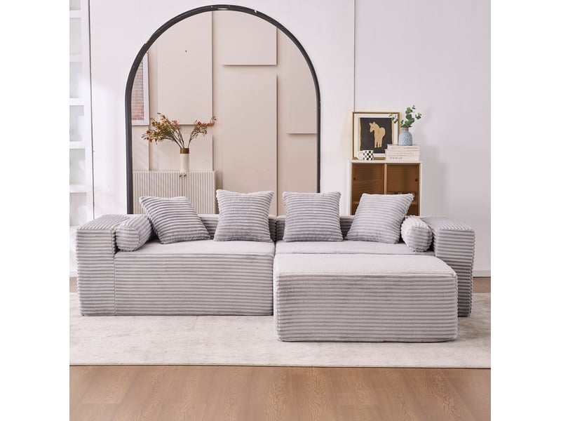  Canapé modulable d'angle compressé 217x110x60 cm 3 places en mousse, pour salon, design moderne, velours côtelé, gris  - Conforama D