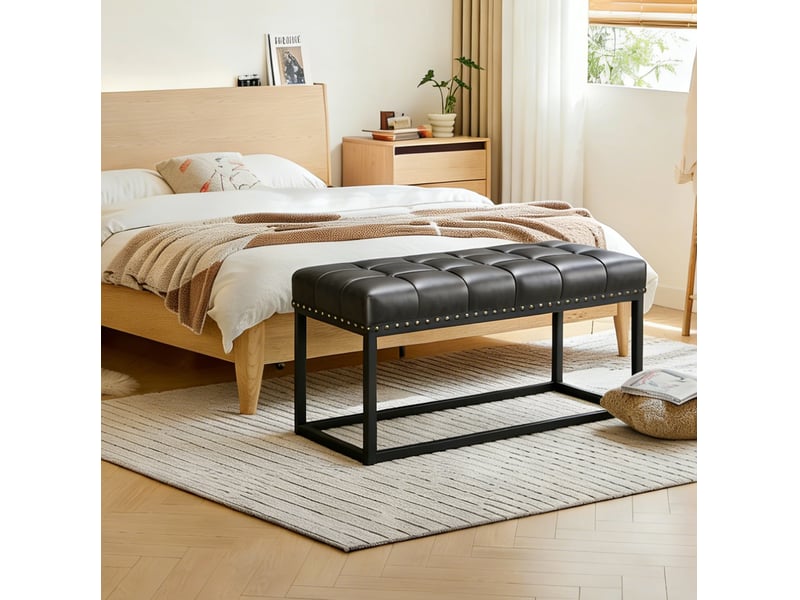  Banc 90x46x52 cm en similicuir noir, style vintage, structure métal  - Conforama D