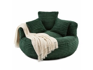 Fauteuil poire fixe 1 place en velours côtelé vert émeraude, avec 3 coussins, idéal pour se détendre chez vous