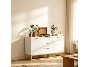 Buffet 120x40x76 cm, avec 2 portes, 3 tiroirs, base et poignées métal, mdf, blanc et doré, rangement salon et cuisine