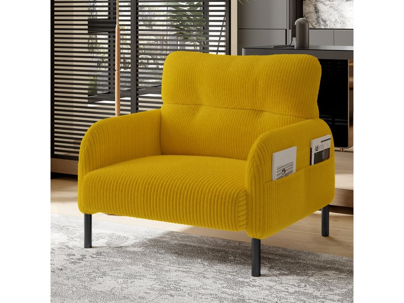  Fauteuil d'accent 67x75x79cm – fauteuil lounge individuel contemporain avec assise profonde et poches latérales double face – velours côtelé - jaune  - Conforama B