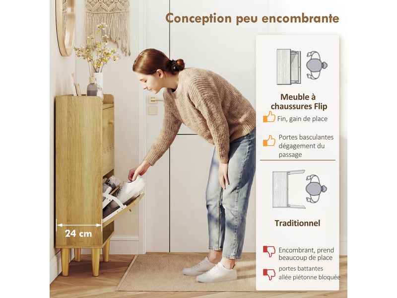 Meuble à chaussures 12 paires, armoire à chaussures étroite, 2 tiroirs rabattables étagères réglables, 60x24x92cm, chêne - Conforama E