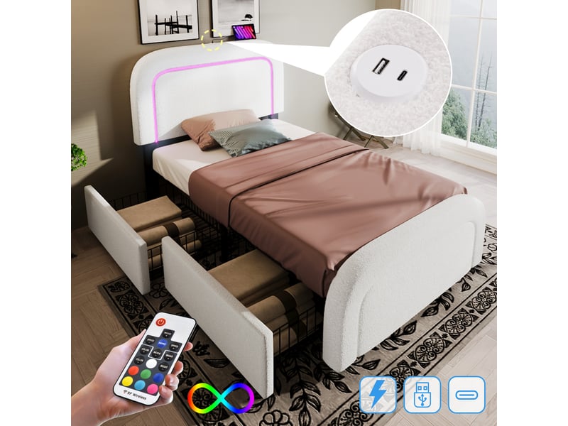  Lit coffre 140x200cm lit double 2 personnes lit rembourré avec app control led, fonction de recharge usb type c, gris (avec matelas)  - Conforama B