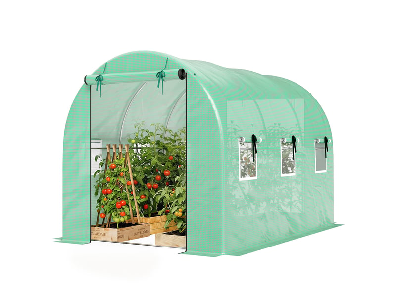  Serre 3 x 2 x 2 m, serre en aluminium avec roulettes, 2 portes à fermeture éclair et 6 fenêtres en filet, poteaux de soutien, verte  - Conforama B