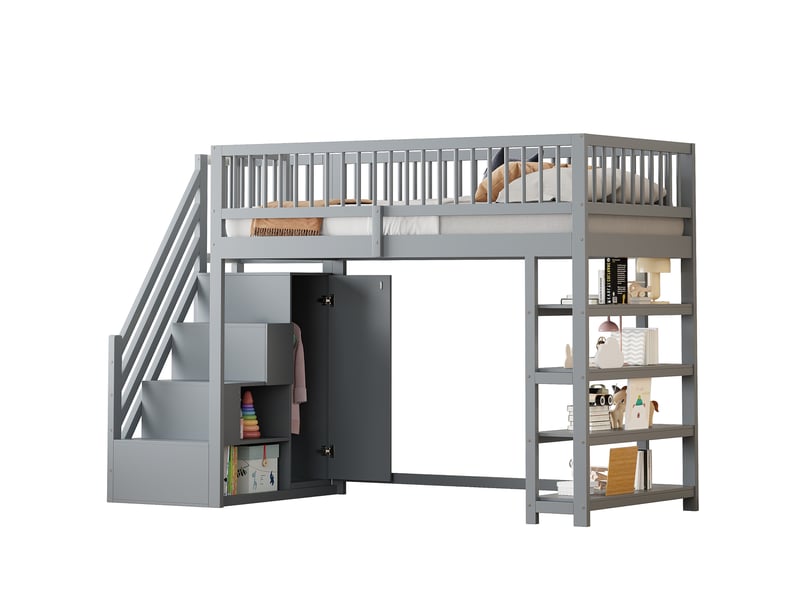  Lit surélevé 90 x 200 cm, bois massif gris, armoire, rangements, échelle de sécurité et barrière haute  - Conforama A