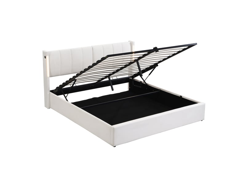  Lit coffre 180x200 cm avec éclairage led, port usb, rangement hydraulique et tête de lit réglable, pu blanc  - Conforama A