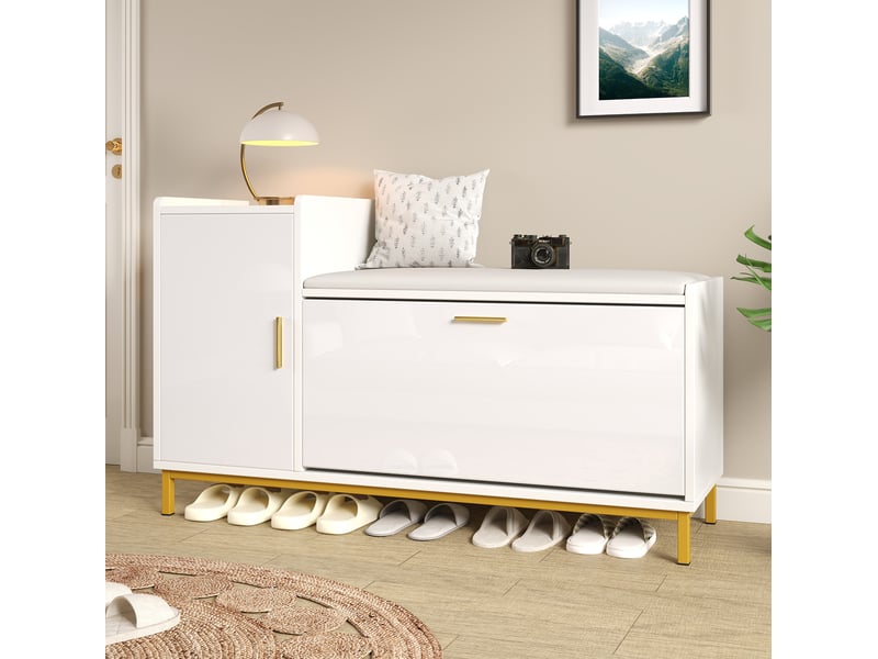  Meuble à chaussures 100x38x68 cm rangement 2 niveaux siège rembourré pieds dorés panneau de particules, métal blanc doré  - Conforama D