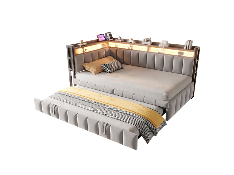  Lit banquette gigogne 90x200cm avec couchage extractible, rangements en tête et au pied, éclairage led, ports usb et type-c, velours, gris clair evarich - Conforama A