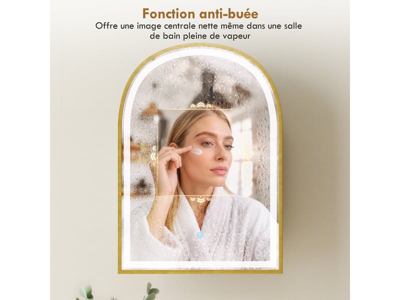  Armoire murale salle de bain avec miroir et éclairage led, porte arquée, anti-buée, doré, 50x14,5x70cm  - Conforama R