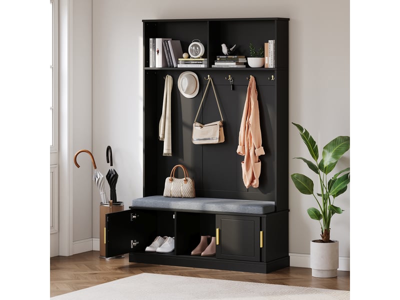 Porte-manteaux - meuble d’entrée avec banc de rangement et armoire, étagères intégrées pour couloir ou hall - 120 x 40 x 191 cm - noir - Conforama B