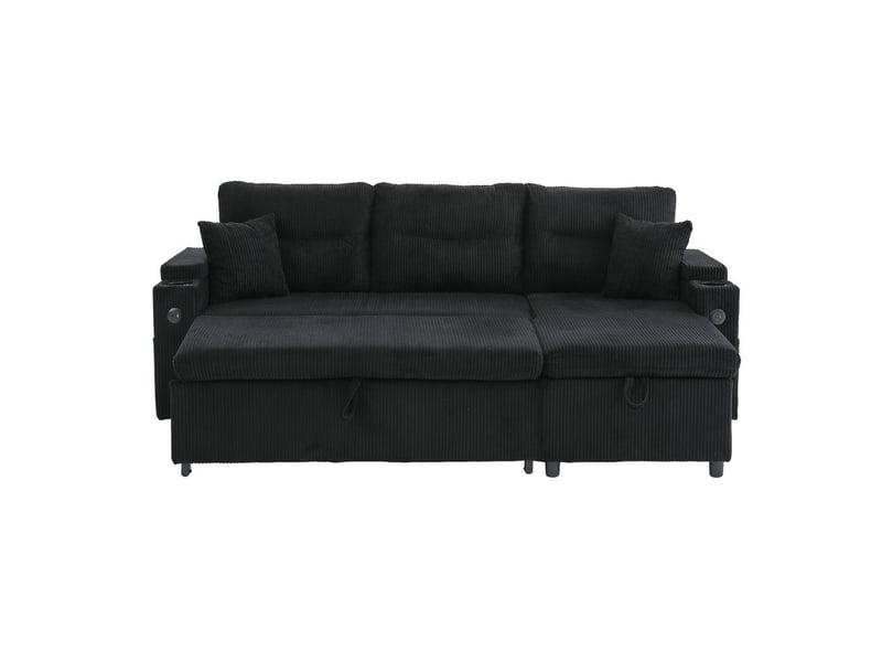  Canapé droit convertible ,3 places,avec espace de rangement, porte-gobelets et usb-c,212 x 136 x 86 cm,noir  - Conforama A