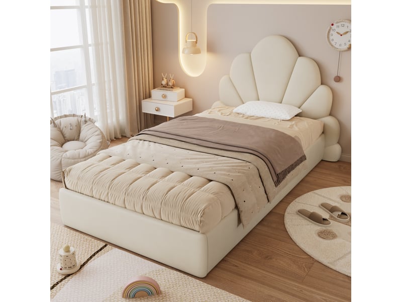 Lit simple capitonné 90x200 cm en velours beige à tête de lit pétales  - Conforama C