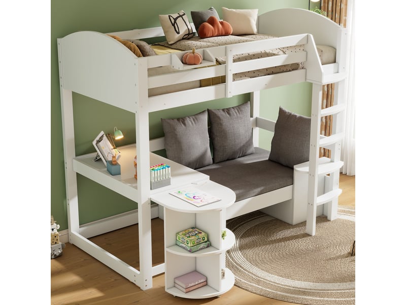  Lit mezzanine enfant 90x200 bois massif blanc avec bureau escamotable canapé et rangement  - Conforama E