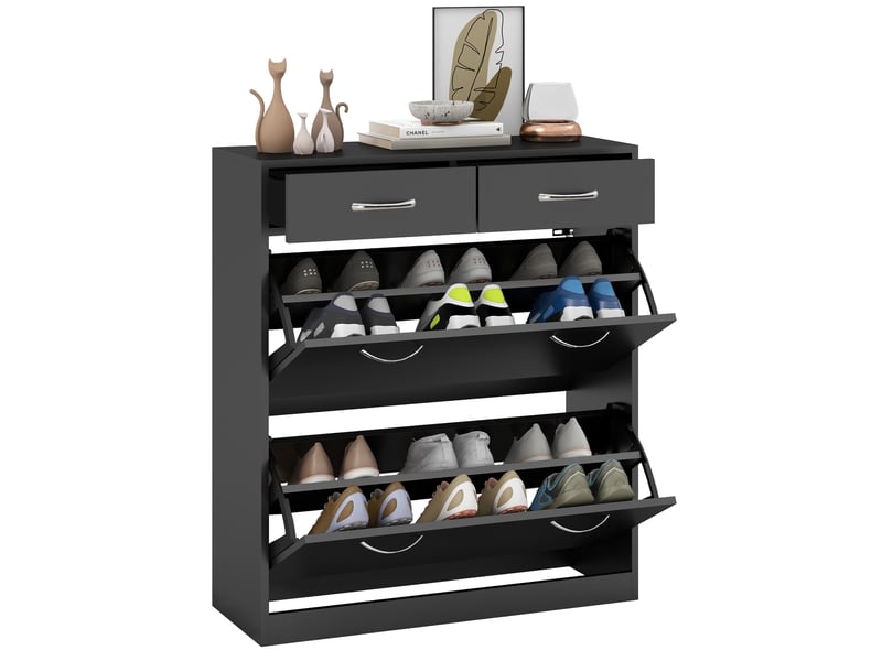  Étagère à chaussures 12 paires avec 2 étagères internes réglables et 2 tiroirs, en bois, 80 x 30 x 91,5 cm, noire  - Conforama A