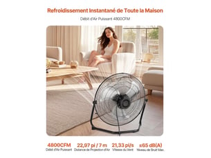 Ventilateur de sol industriel 20 pouces métal 3 vitesses 4800 cfm inclinaison 360° pour garage atelier