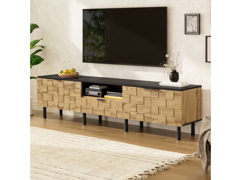  Meuble tv bas mosaïque avec 2 portes et tiroir, look bois, pieds métal, étagère ouverte - salon  - Conforama B