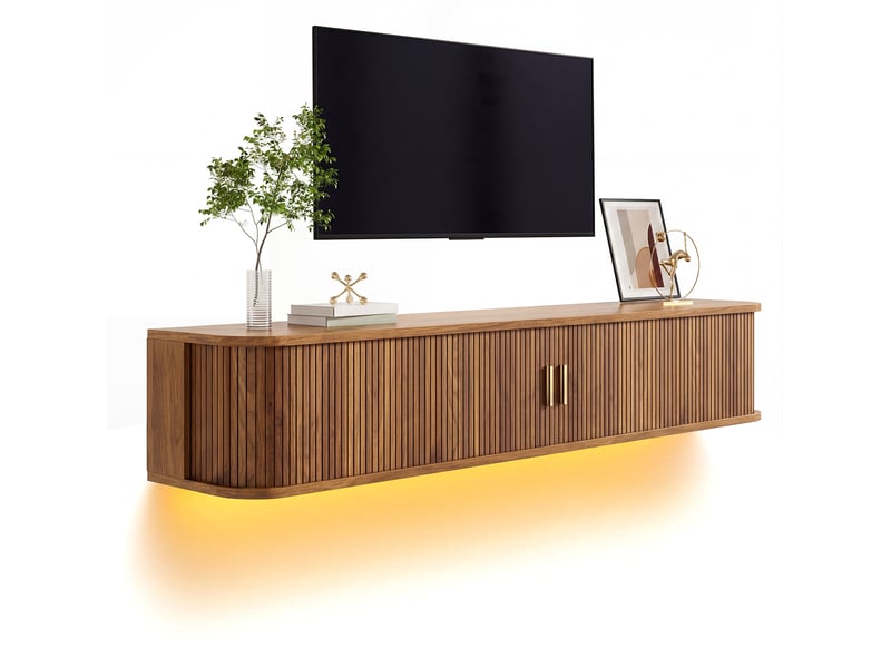  Meuble tv suspendu avec led réglable par application, 2 portes coulissantes rainurées, 1 tiroir, mdf noyer  - Conforama A